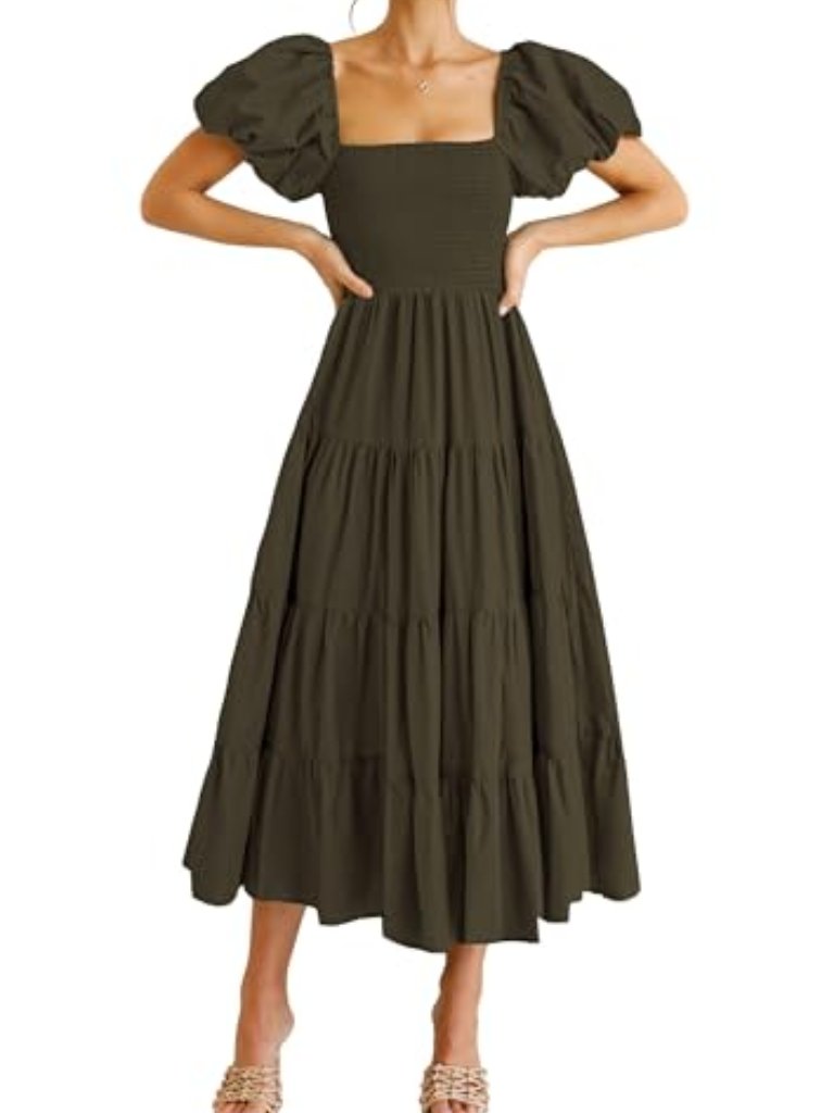 Womens Casual Summer Midi Dress Puffy Short Sleeve Square Neck Sm - Army